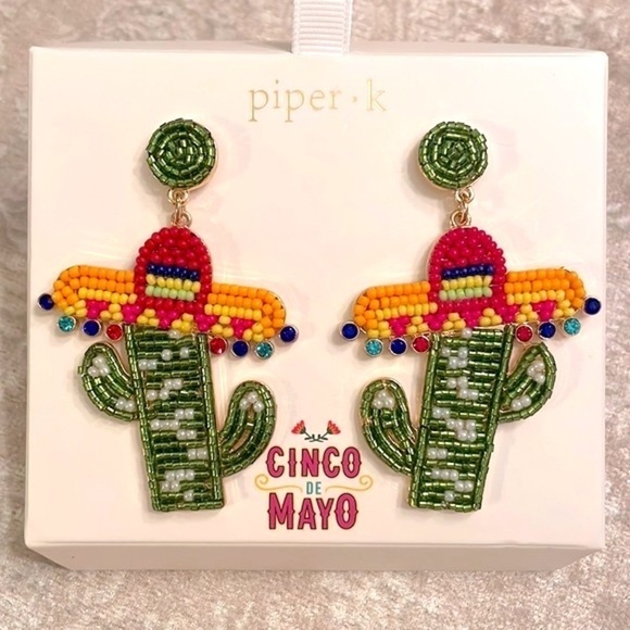 Brand New Piper K Cinco De Mayo Mexican Cactus Sombrero Beaded Drop Earrings - Picture 2 of 10